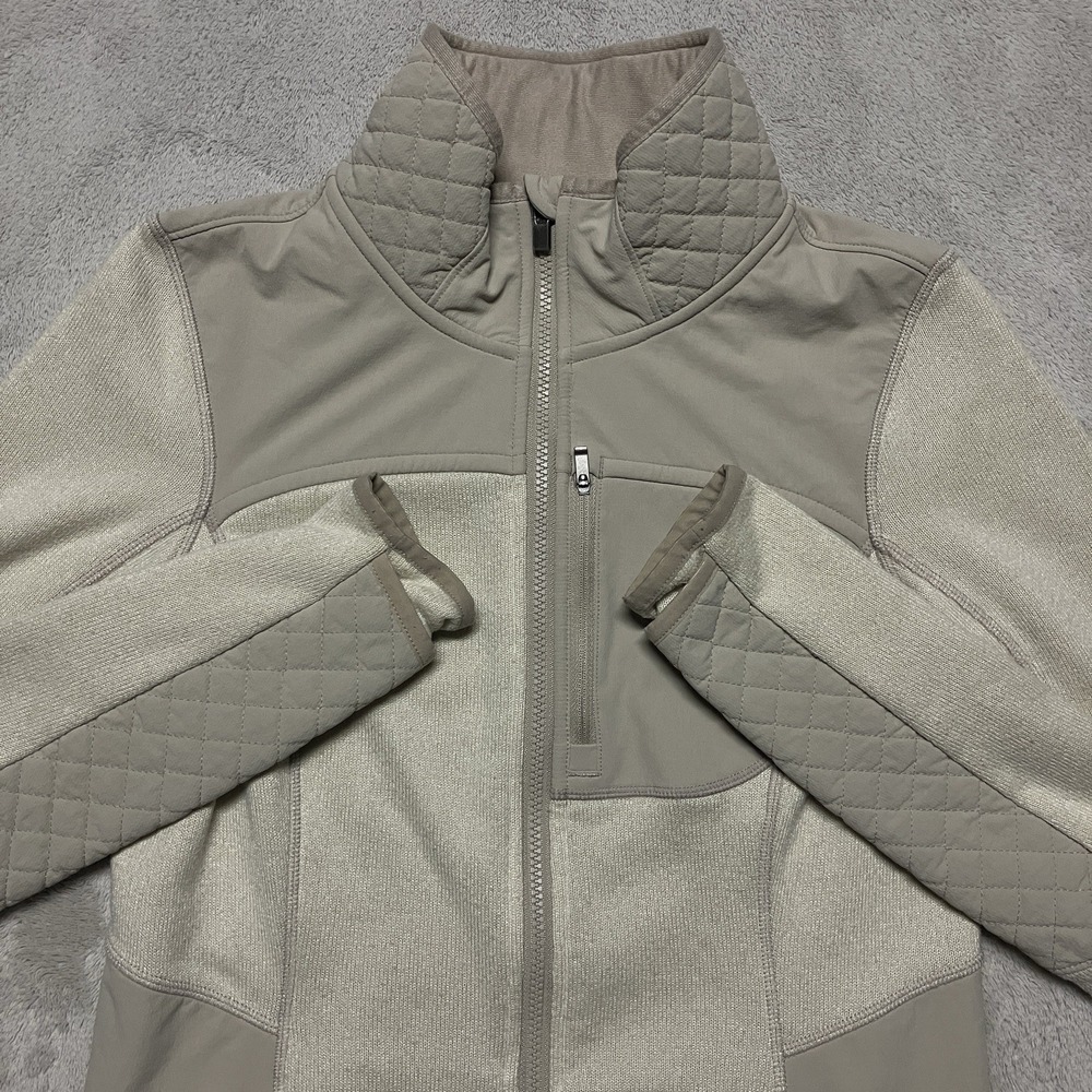 Athleta Truckee Track‎ Jacket Womens Medium Beige Quilted Panel Full Zip Pockets